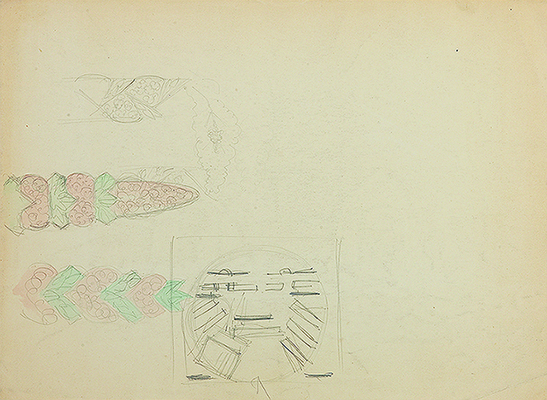 Фаворский Владимир Андреевич. Лот из шести эскизов декораций (на двух листах с оборотной стороны карандашные наброски) к спектаклю В. А. Соловьева «Великий государь», постановка Б. Е. Захавы. Москва, Государственный театр им. Е. Вахтангова